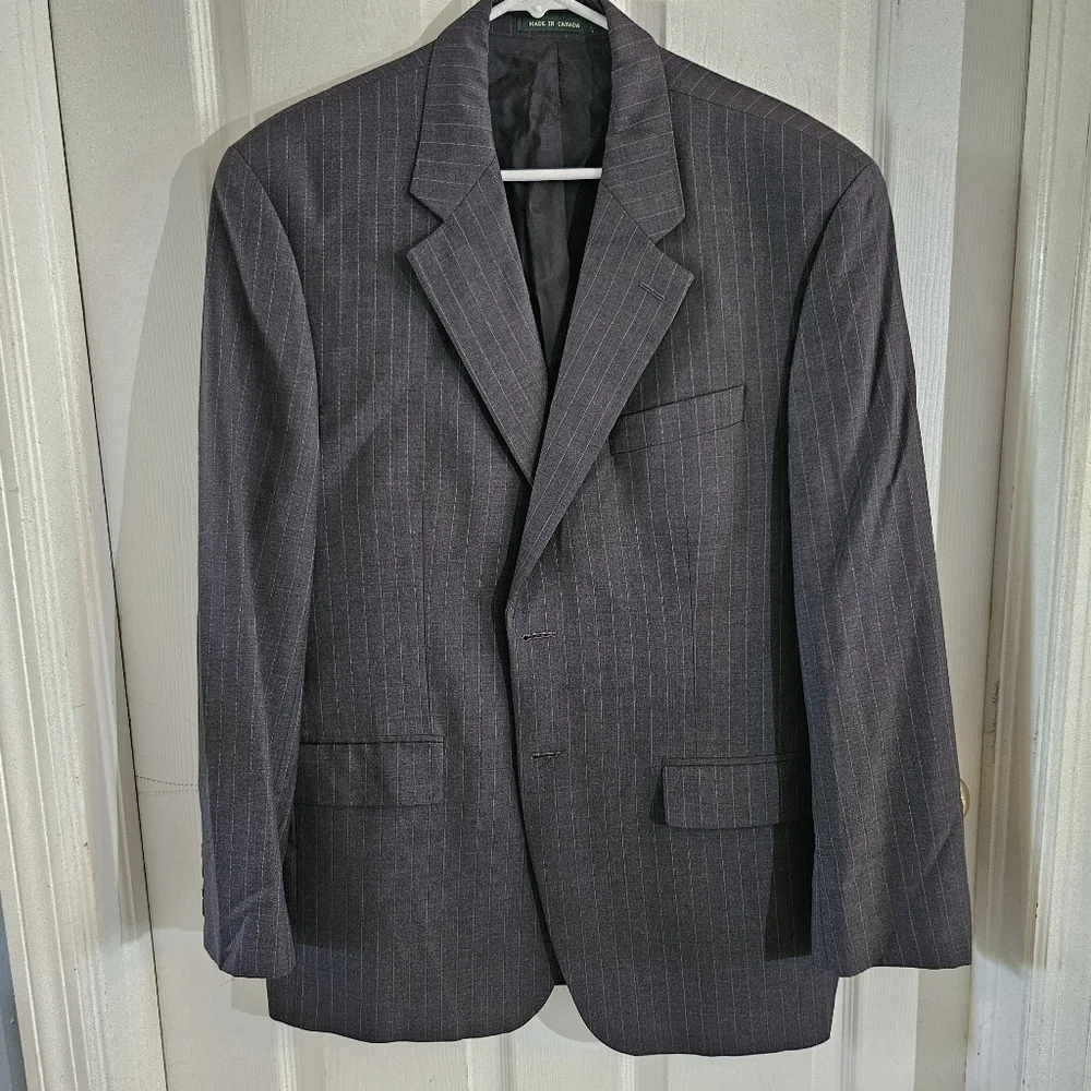 Lauren Ralph Lauren 100% Wool 2 Button Charcoal Pinstripe Jacket Made in Canada